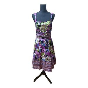 Sunhee vibrant purple/green floral print dress with a distinctive striped border